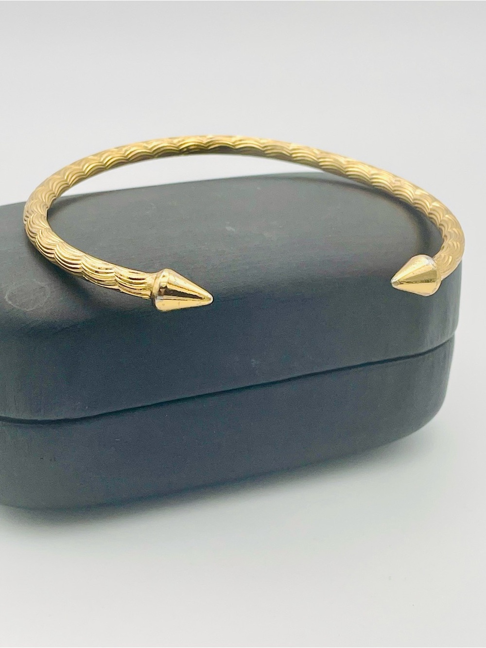 Gold Plated Open Cuff Bangle Bracelet with Textured Bands and Spear Ends. 8 inch